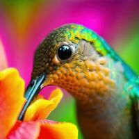 Kolibri auf Blume, Kolibri fliegend auf Blume, summend auf Blume , ai generiert foto