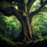 groß Bonsai Baum Dschungel, dunkel Wald, Grusel Baum, baniyan Bonsai , ai generiert foto