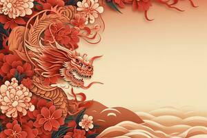 golden Drachen mit Blumen. Drachen ist ein Symbol von das Neu Jahr 2024. Chinesisch Neu Jahr foto