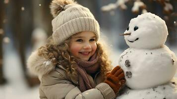 süß wenig Mädchen spielen mit ein Schneemann im ein kalt Winter parken, im freien Aktivität zum Kind spielen draußen mit Schnee.generativ ai foto
