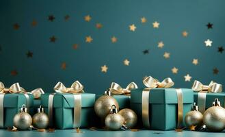 Weihnachten Hintergrund mit Geschenk Box auf Holz Fußboden mit verschwommen Star gestalten auf Blau Wand, Konzept zum Neu Jahr oder Winter Urlaub Verkauf Beförderung Banner, generativ ai foto