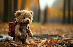 einsam Teddy Bär Puppe Stehen allein mit verschwommen Herbst Wald Hintergrund, verloren braun Bär Spielzeug suchen traurig, international fehlt Kinder- Tag,generativ ai foto