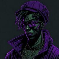 schwarz Rapper Illustration mit Duotone Stil, lila und Grün Farbe, ai generativ foto