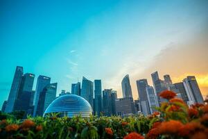 Singapur, August 14, 2023, schwebend Apfel Geschäft beim zentral Geschäft Kreis mit Sonnenuntergang Himmel foto