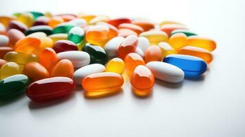 Haufen von Medizin bunt Tabletten und Kapseln Weiß Hintergrund foto