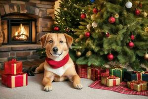 Hund in der Nähe von Weihnachten Baum und Geschenk zu feiern Weihnachten. ai generativ Profi Foto
