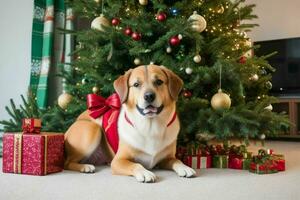 Hund in der Nähe von Weihnachten Baum und Geschenk zu feiern Weihnachten. ai generativ Profi Foto