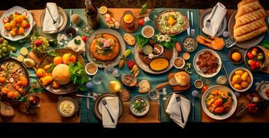 festlich Tisch, viele Geschirr von anders Länder von das Welt - - ai generiert Bild foto