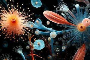 kompliziert Ultra vergrößert Visualisierung von Marine Plankton Spezies unter Mikroskop foto