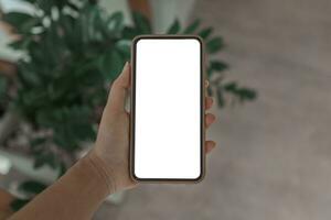 Damen Hände halten Zelle Telefon leer Kopieren Raum Bildschirm. Clever Telefon mit Technologie Konzept foto