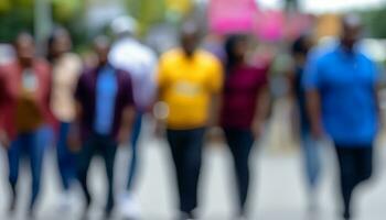 verschwommen ein Gruppe von Menschen Gehen auf ein Straße, tragen beiläufig Kleider - - ai generativ foto