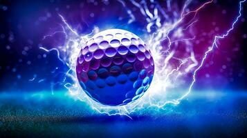 das Golf Ball fliegt im das Energie von ein Blitz von Blitz foto