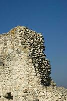 ein Stein Mauer mit ein groß Vogel auf es foto