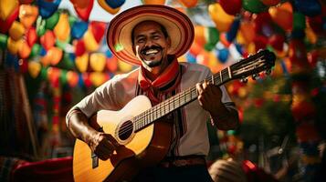 Porträt Mann tragen Sombrero spielen Gitarre ai generativ foto