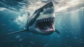Porträt unheimlich Weiß Hai erscheint im das Meer ai generativ foto