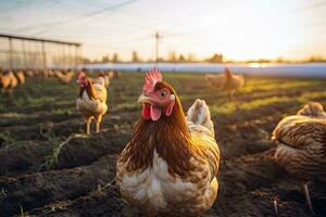 Porträt von ein Hähnchen Bauernhof im das Morgen mit Sonne Exposition ai generativ foto