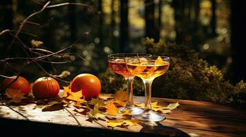 ein Glas Cocktail mit Kürbis auf das Tabelle ai generativ foto