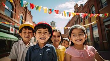 Porträt Kinder spielen auf das Garten ai generativ foto