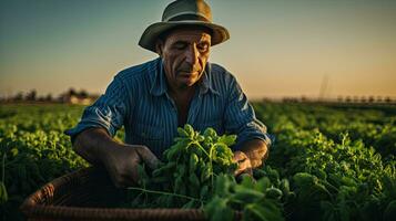 Porträt Farmer pflücken Gemüse ai generativ foto