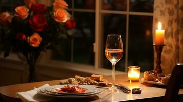 romantisch Abendessen Wein Kerzen und ein Tabelle zum zwei Bitte foto
