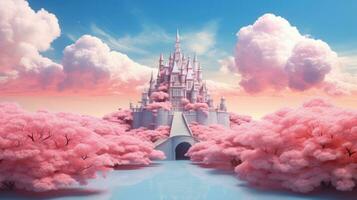 Schloss im Kirsche Blüten, im das Stil von fotorealistisch Surrealismus foto
