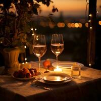 romantisch Abendessen Wein Kerzen und ein Tabelle zum zwei Bitte foto