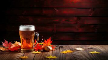 Porträt ein Glas von Bier mit Herbst Blatt auf das Tabelle ai generativ foto