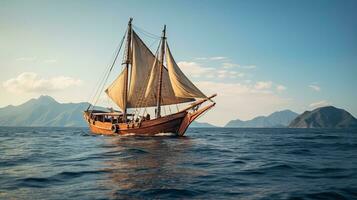 Porträt pinisi Schiff Segeln auf das Meer mit Licht Exposition ai generativ foto