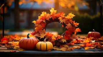 Porträt Kürbis mit Herbst Blatt ai generativ foto