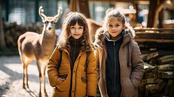 Porträt Kinder mit Hirsche im das Zoo ai generativ foto