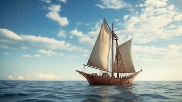 Porträt pinisi Schiff Segeln auf das Meer mit Licht Exposition ai generativ foto
