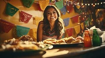 Porträt schön Frau mit Tacos auf das Tabelle ai generativ foto