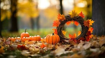 Porträt Kürbis mit Herbst Blatt ai generativ foto