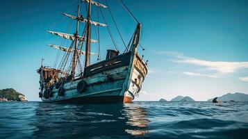 Porträt pinisi Schiff Segeln auf das Meer mit Licht Exposition ai generativ foto