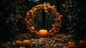 Porträt Kürbis mit Herbst Blatt Kranz ai generativ foto