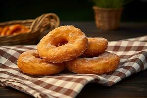 Portion von knusprig Donuts auf ein Handtuch, ai generativ foto