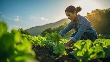 Porträt Farmer pflücken Gemüse ai generativ foto