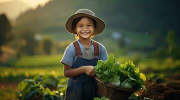 Porträt Kinder pflücken Gemüse auf das Feld ai generativ foto