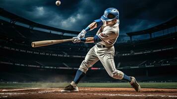 Fachmann Baseball Spieler Schlagen das Ball ai generativ foto