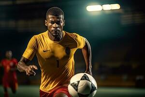 Porträt Fachmann Fußball Spieler Steuerung das Ball ai generativ foto