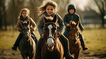 Porträt Kinder Reiten ein Pferd im Rennen ai generativ foto