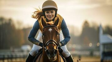 Porträt Frau Reiten ein Pferd im ein Rennen ai generativ foto