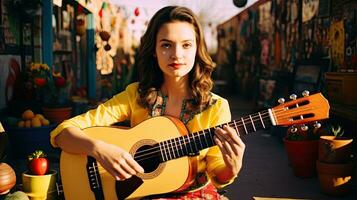 Porträt Mädchen spielen Gitarre mit Licht Exposition ai generativ foto