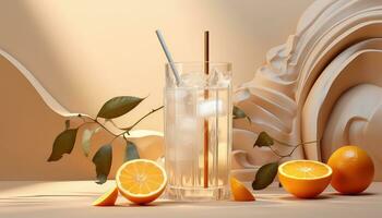 Wüstenwelle kalt trinken mit Orange schält und hurufiyya Blätter auf matt Beige ai generiert foto