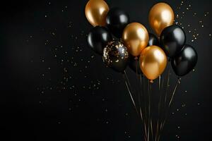 schwarz und Gold Luftballons mit Konfetti auf schwarz Hintergrund. 3d Wiedergabe, schwarz und golden Luftballons mit Konfetti auf schwarz Hintergrund, ai generiert foto