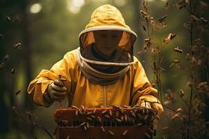 Imker im Gelb schützend passen halten Bienenwabe mit Bienen beim Bienenhaus, Imker mit Schutz passen und Helm halten Bienenwabe mit Bienen, ai generiert foto