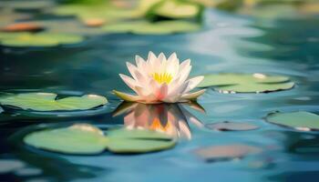 ein klein Lotus im ein riesig heiter See mit verschwommen Hintergrund ai generiert foto