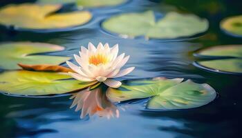 ein klein Lotus im ein riesig heiter See mit verschwommen Hintergrund ai generiert foto