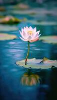 ein klein Lotus im ein riesig heiter See mit verschwommen Hintergrund ai generiert foto