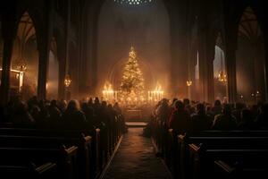 ai generativ zauberhaft Bild von ein Kirche Mitternacht Weihnachten Bedienung foto